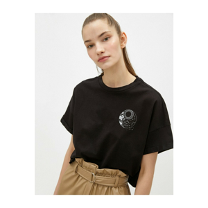Koton Women's Black Printed Crew Neck Cotton Crop T-Shirt