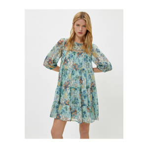 Koton Women's Blue Crew Neck 3/4 Sleeve Floral Dress