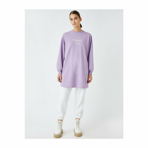 Koton Women's Purple Cotton Crew Neck Letter Printed Long Sweatshirt