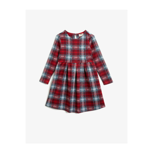 Koton Girl Red Crew Neck Long Sleeve Plaid Dress