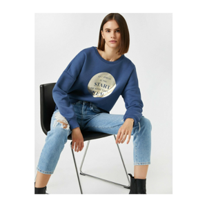 Koton Women's Blue Cotton Crew Neck Printed Sweatshirt
