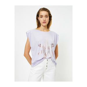 Koton Women's Purple Short Sleeve Printed T-Shirt