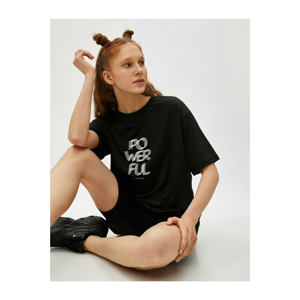 Koton Women's Black Short Sleeve Crew Neck Slogan Printed Oversize T-Shirt