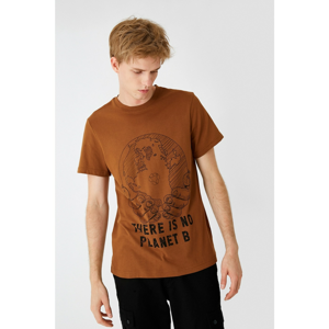 Koton Men's Brown Printed Printed Cotton Short Sleeve Crew Neck T-Shirt