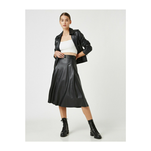 Koton Women's Black Leather Look Belt Midi Skirt