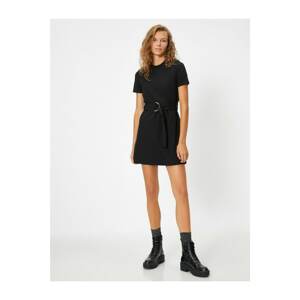 Koton Women's Black Crew Neck Short Sleeve Belt Short Dress