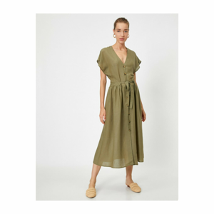 Koton Women's Green Short Sleeve V-Neck Belted Button Front Midi Dress