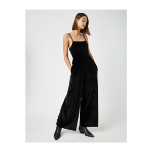 Koton Women's Black Thin Strap Velvet Jumpsuit