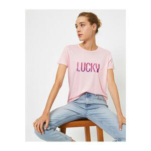 Koton Women's Pink Crew Neck Printed Printed Sequin Short Sleeve T-Shirt