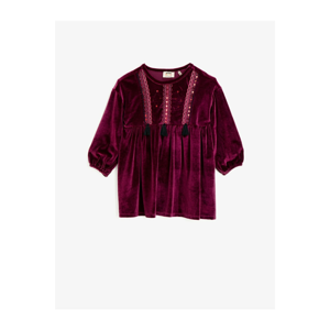 Koton Girl Burgundy Embroidered Velvet Crew Neck Dress