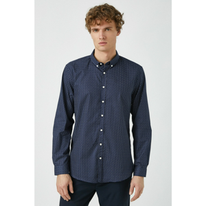 Koton Men's Navy Blue Cotton Patterned Classic Collar Long Sleeve Shirt