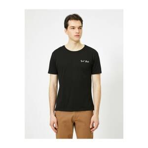 Koton Men's Black Crew Neck Chest Embroidered Regular Fit Couple T-Shirt