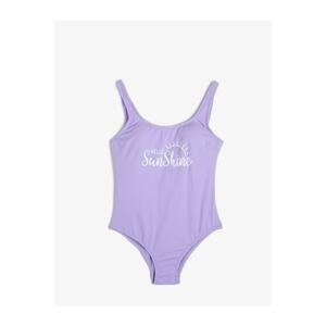 Koton Women's Purple Slogan Print Swimsuit