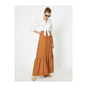 Koton Women's Brown Normal Waist Button Detail Ruffle Detail Maxi Skirt