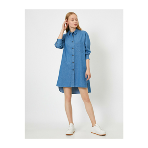 Koton Women's Blue Front Buttoned Pocket Long Sleeve Mini Dress