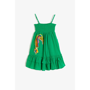 Koton Girl's Green Cotton Strappy Embroidered Dress