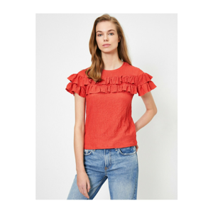 Koton Women's Red Ruffle Detail Crew Neck Short Sleeve T-shirt