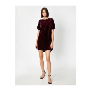 Koton Women's Burgundy 3/4 Sleeve Crew Neck Velvet Dress