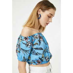 Koton Women's Blue Floral Pattern Short Sleeve Crop Blouse With Off The Shoulder