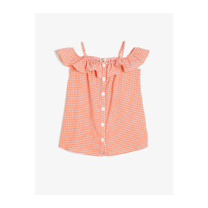 Koton Girl Orange Strappy Ruffle Detail Checked Button Detailed Dress
