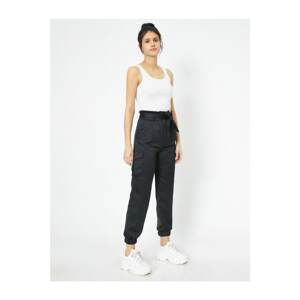 Koton Women's Black High Waist Belt Detail Satin Jogger Pants