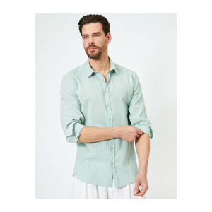 Koton Men's Green Striped Textured Fabric Regular Fit Casual Shirt