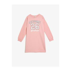 Koton Girl Pink Crew Neck Long Sleeve Printed Dress