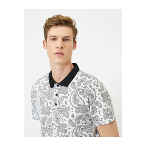 Koton Men's White Polo Neck Salmon Patterned Contrast Collar Single Jersey Slim Fit T-Shirt