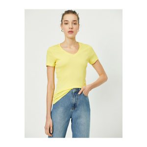 Koton Women's Yellow Standard Cut V Neck Basic T-Shirt