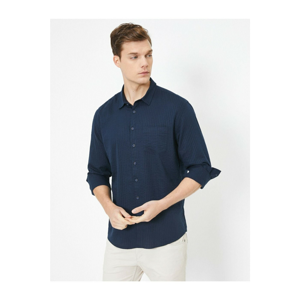 Koton Men's Navy Blue Single Pocket Long Sleeve Textured Fabric Slim Fit Casual Shirt