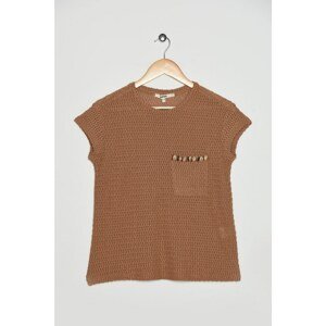 Koton Women's Brown Crew Neck Short Sleeve Embroidered Pocket T-Shirt