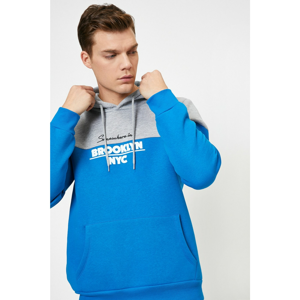 Koton Men's Blue Hooded Embroidered Blocked Kangaroo Pocket Sweatshirt