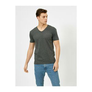 Koton Men's Gray V-Neck Stretchy Fabric Super Slim Fit Basic T-Shirt