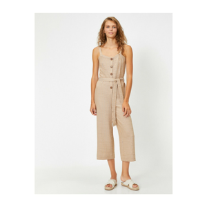 Koton Women's Brown Thick Strapped Buttoned Striped Jumpsuit