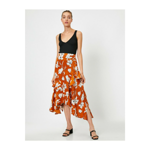 Koton Ruffled Floral Satin Asymmetric Skirt