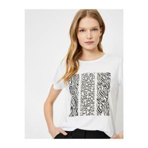 Koton Women's White Zebra Print Crew Neck T-Shirt