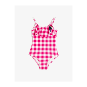 Koton Girl Pink Ruffle Detail Plaid Patterned Swimsuit