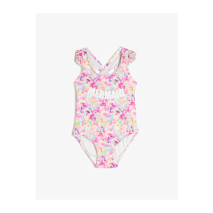 Koton Girl Pink Ruffle Strappy Printed Swimsuit