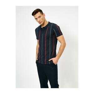 Koton Men's Navy Blue Polo Neck Vertical Striped Pique Fabric Slim Fit T-Shirt