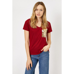 Koton Women's Burgundy Short Sleeve V-Neck T-Shirt