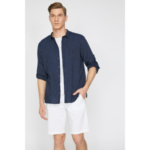 Koton Men's Navy Classic Collar Long Sleeve Pocket Detailed Striped Shirt