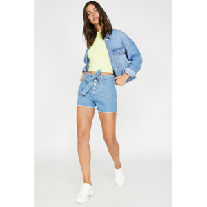 Koton Women's Blue Pocket Detailed Button Detailed Waist Tied Jean Shorts