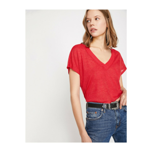 Koton Linen Look V Neck T-Shirt