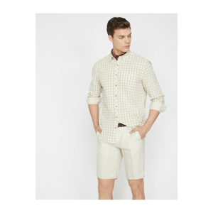 Koton Men's Ecru Long Sleeve Classic Collar Checkered Shirt