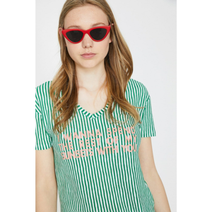 Koton Women's Green V Neck Short Sleeve Striped T-Shirt