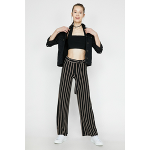 Koton Women's Black Normal Waist Belt Detailed Striped Trousers