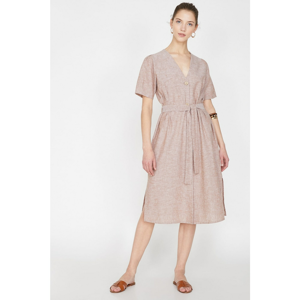 Koton Women Brown V Neck Short Sleeve Midi Dress