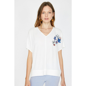 Koton Women White V Neck Short Sleeve Embroidered Blouse