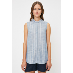 Koton Women's Blue Sleeveless Classic Collar Striped Shirt