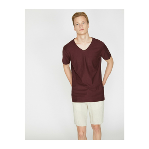 Koton Men's Burgundy V Neck Short Sleeve T-Shirt